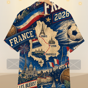 France Retro Match Day Hawaiian Shirt hanger display