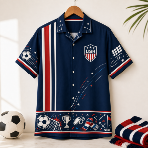 USA Match Day Border Hawaiian Shirt hanger display